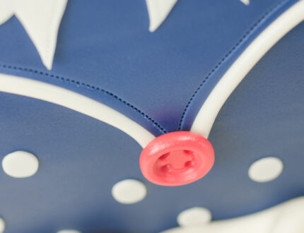 Close up of button on polka dot handbag cake