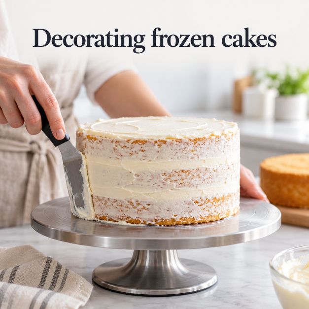 can you decorate a frozen cake | crumb coat to a layered sponge cake on a decorating turntable.