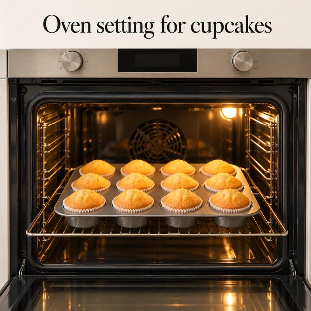 Oven setting for cupcakes, showing a tray of golden cupcakes on the middle shelf of a fan oven.