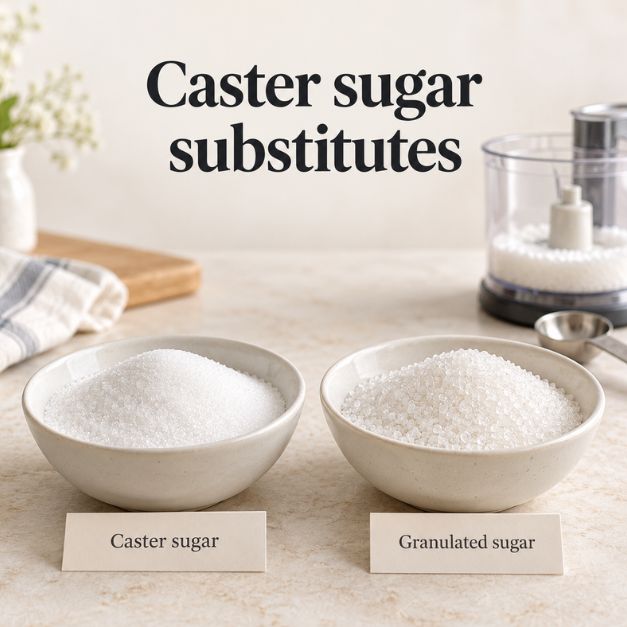 Bowls of caster sugar and granulated sugar showing different crystal sizes, with a food processor behind them.