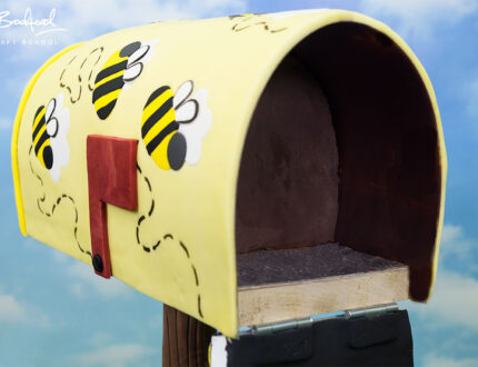 Close up of open lid of post box cake