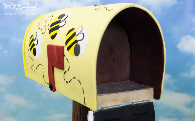 Close up of open lid of post box cake