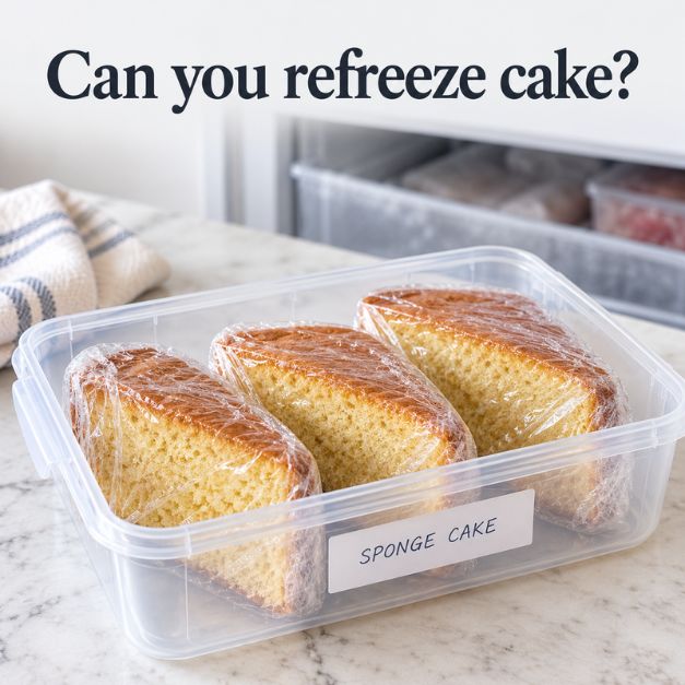 Individually wrapped sponge cake slices in a labelled freezer container.
