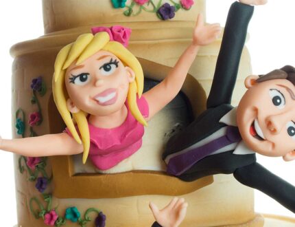 Close up of sugarpaste guests bridal party cake