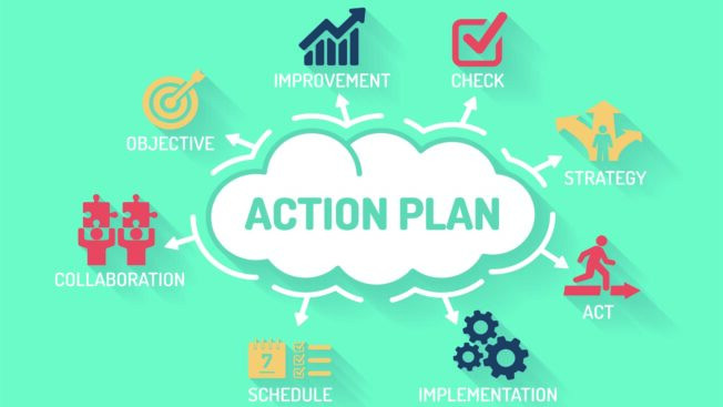 Action Plan - Chart with keywords and icons - Flat Design