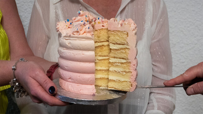 pink ombre cake cutting