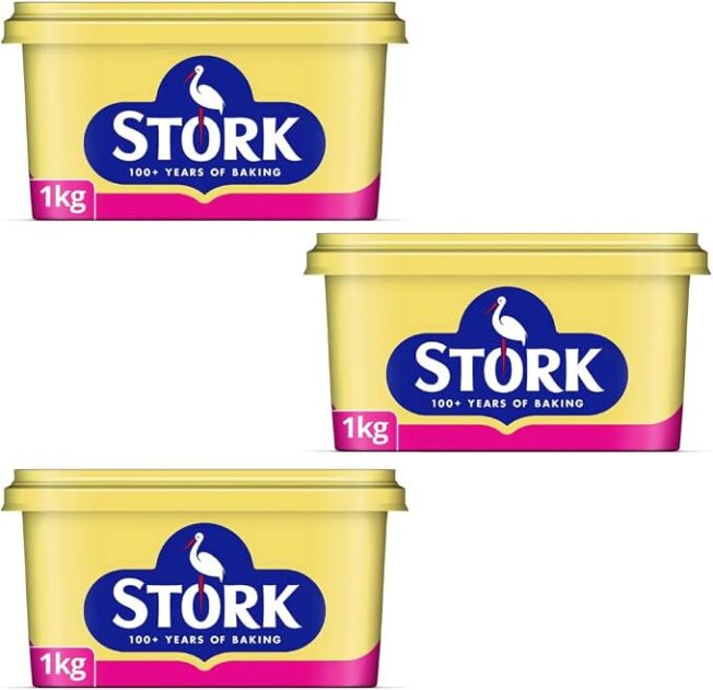 Baking spread beside cake mixture and a golden sponge, with the heading “Is Stork vegan? Always check the pack