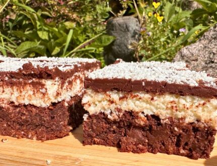 Luxury chocolate coconut brownies by Paul Bradford, cut into squares and finished with a chocolate topping and desiccated coconut.